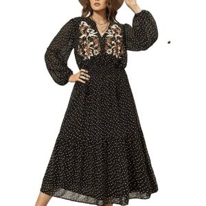 Rusttydustty Elegant Black Polka Dot Embroidered Bohemian Maxi Dress